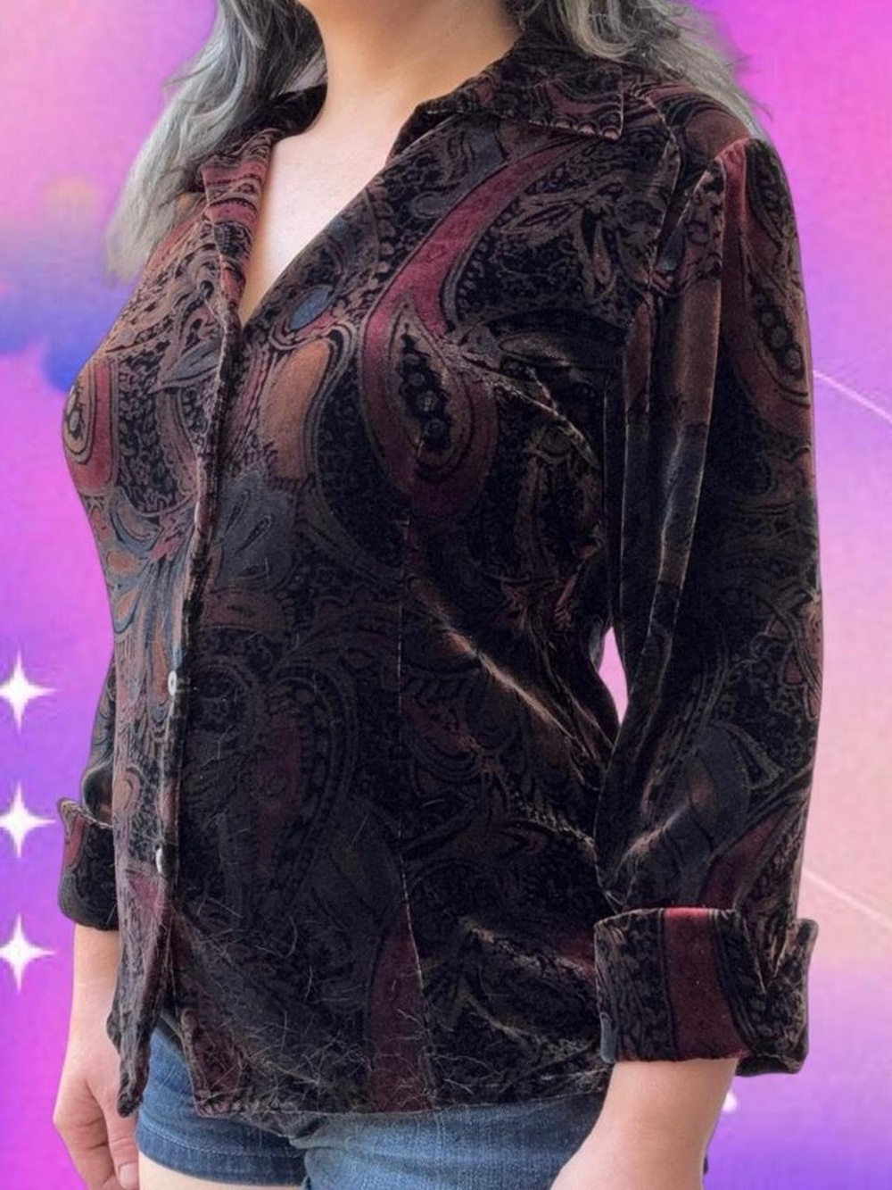 vtg 90s paisley velour/velvet button up - arleen bowman, silk blend, sz md